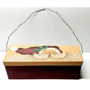 Rustic Christmas Gift Box Wire Handle Santa Face Length 13.5" Tan Maroon Crafty